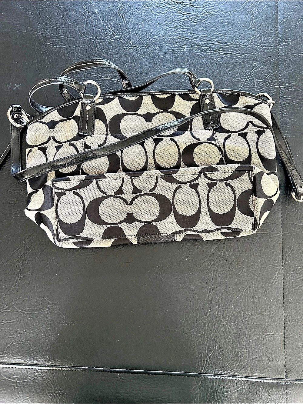 Coach Signature Stripe Pocket Tote Shoulder Bag in Black & Beige - Picture 2 of 4